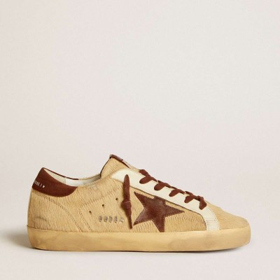 Golden Goose Super-Star Sneakers In Beige Pony Skin With Brown Suede Star And Heel Tab