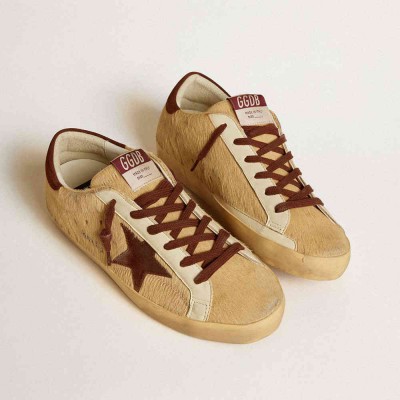 Golden Goose Super-Star Sneakers In Beige Pony Skin With Brown Suede Star And Heel Tab