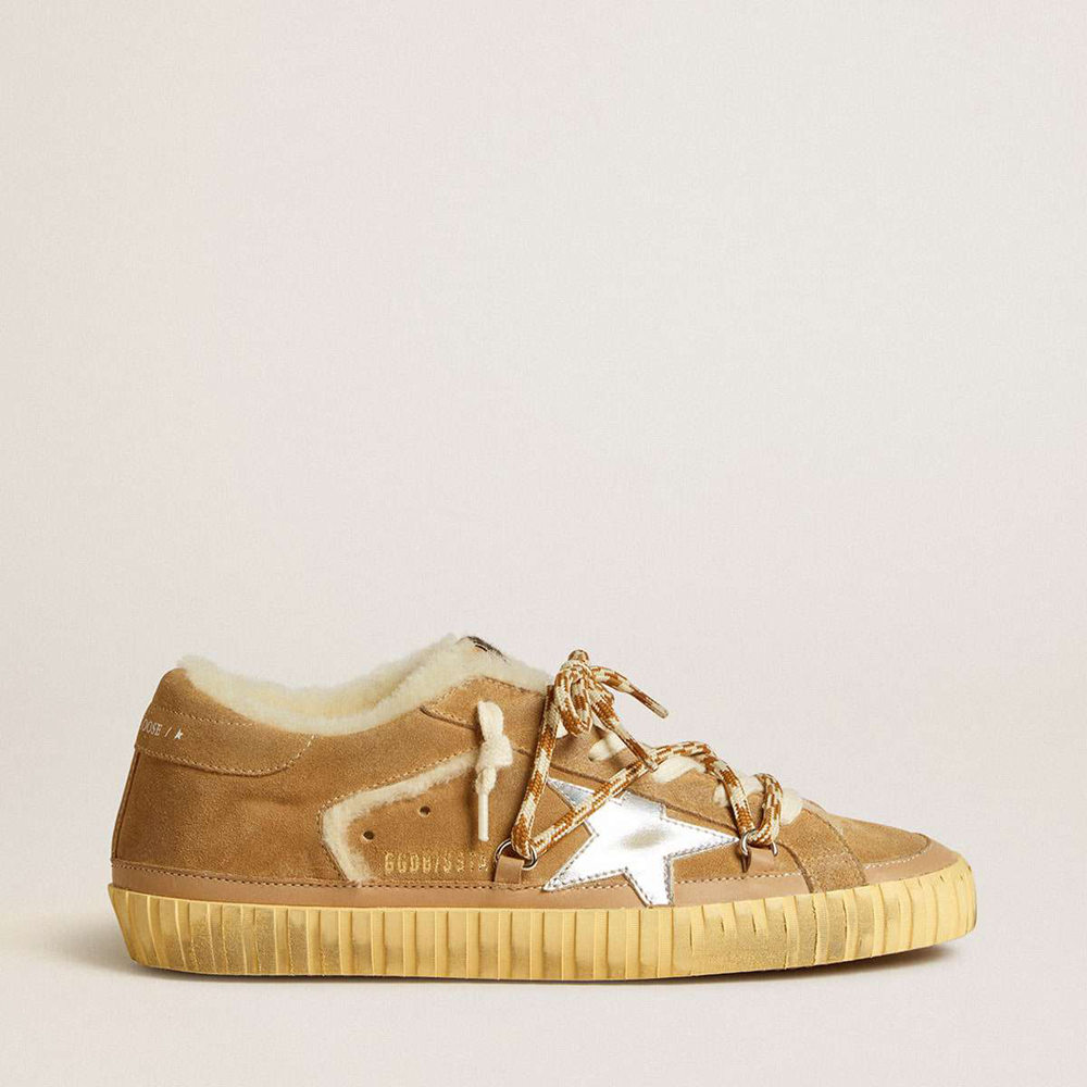 Golden Goose Super-Star Sneakers In Beige Suede And Shearling With Metallic Leather Star