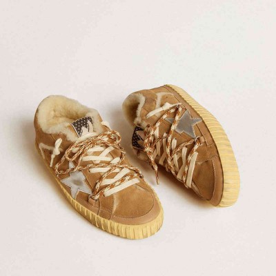 Golden Goose Super-Star Sneakers In Beige Suede And Shearling With Metallic Leather Star