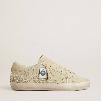 Golden Goose Super-Star Sneakers In Beige Suede With Pearls And Swarovski Crystals