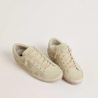 Golden Goose Super-Star Sneakers In Beige Suede With Pearls And Swarovski Crystals