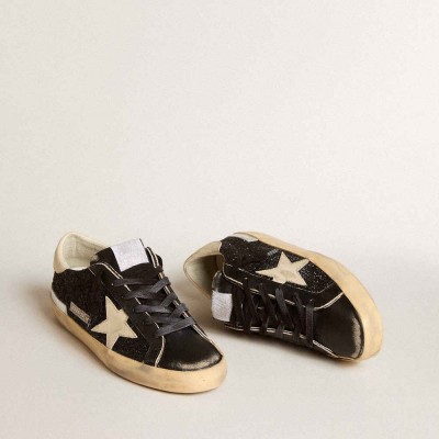 Golden Goose Super-Star Sneakers In Black Glitter And Nappa With Cream Leather Star And Heel Tab