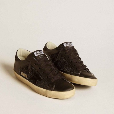Golden Goose Super-Star Sneakers In Black Glitter With Black Suede Star And Leather Inserts