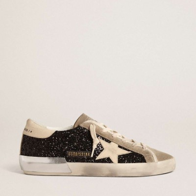 Golden Goose Super-Star Sneakers In Black Glitter With Cream Star And Suede Inserts