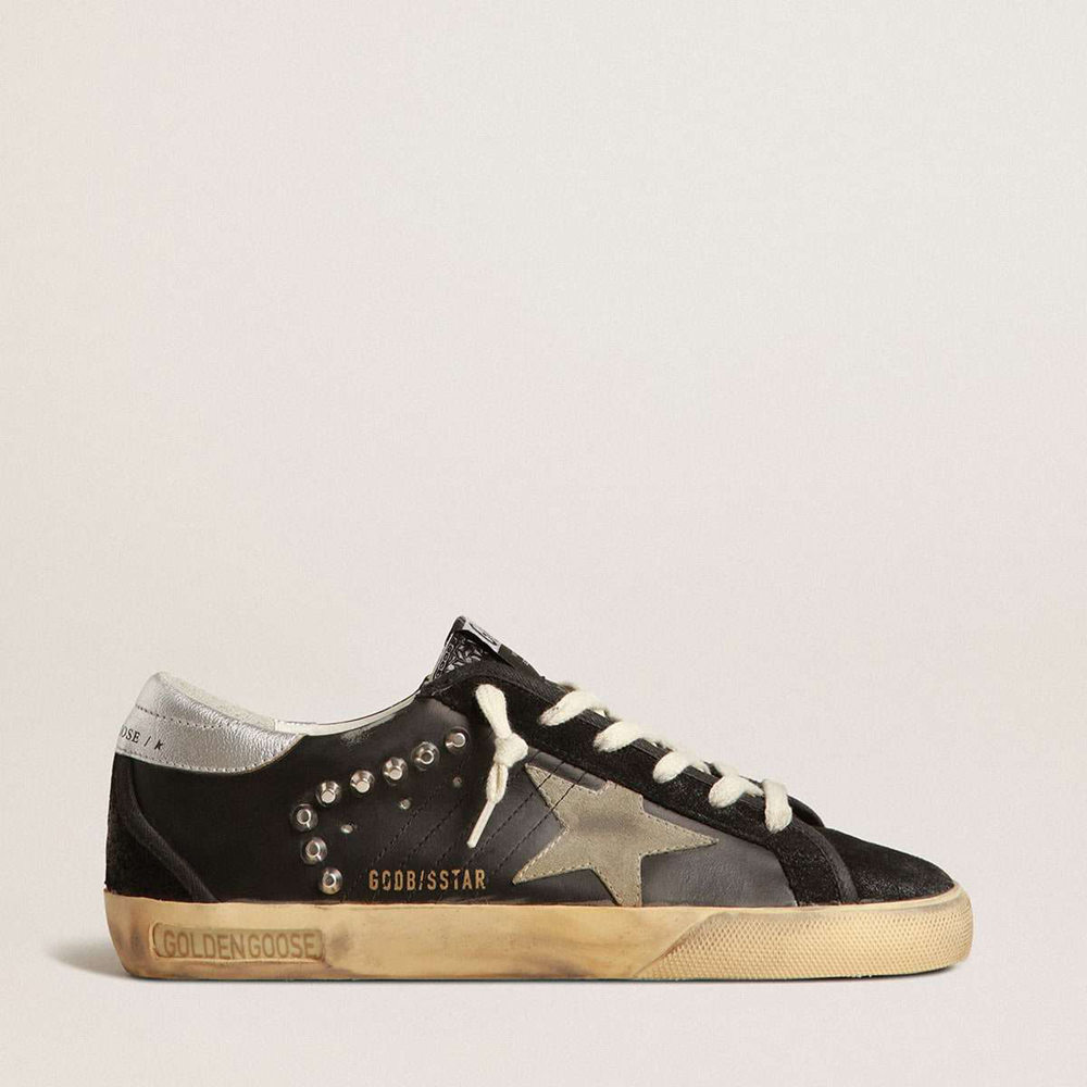 Golden Goose Super-Star Sneakers In Black Leather And Suede With Silver Studs
