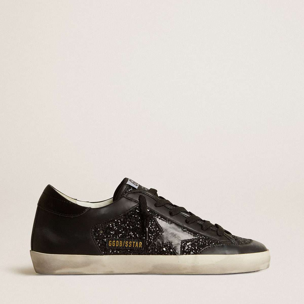 Golden Goose Super-Star Sneakers In Black Nappa And Glitter With Glossy Black Leather Star