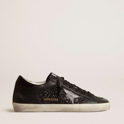 Golden Goose Super-Star Sneakers In Black Nappa And Glitter With Glossy Black Leather Star