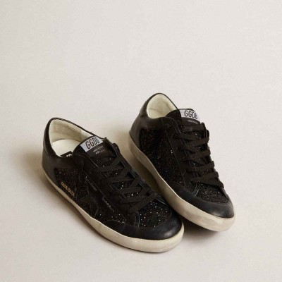 Golden Goose Super-Star Sneakers In Black Nappa And Glitter With Glossy Black Leather Star