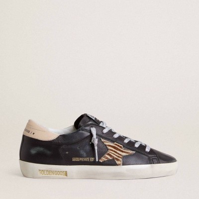 Golden Goose Super-Star Sneakers In Black Nappa Leather With Zebra-print Pony Skin Star And Beige Leather Heel Tab