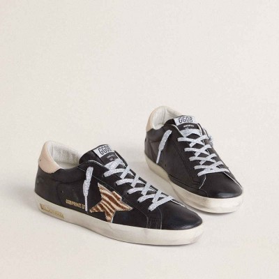 Golden Goose Super-Star Sneakers In Black Nappa Leather With Zebra-print Pony Skin Star And Beige Leather Heel Tab