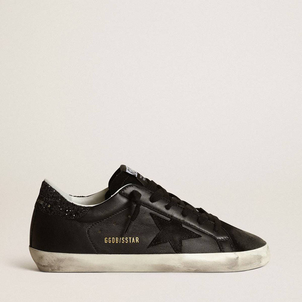 Golden Goose Super-Star Sneakers In Black Nappa With Black Star And Glitter Heel Tab