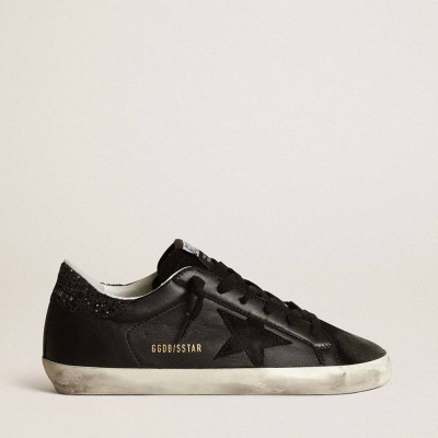 Golden Goose Super-Star Sneakers In Black Nappa With Black Star And Glitter Heel Tab