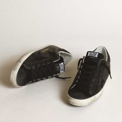 Golden Goose Super-Star Sneakers In Black Nappa With Black Star And Glitter Heel Tab