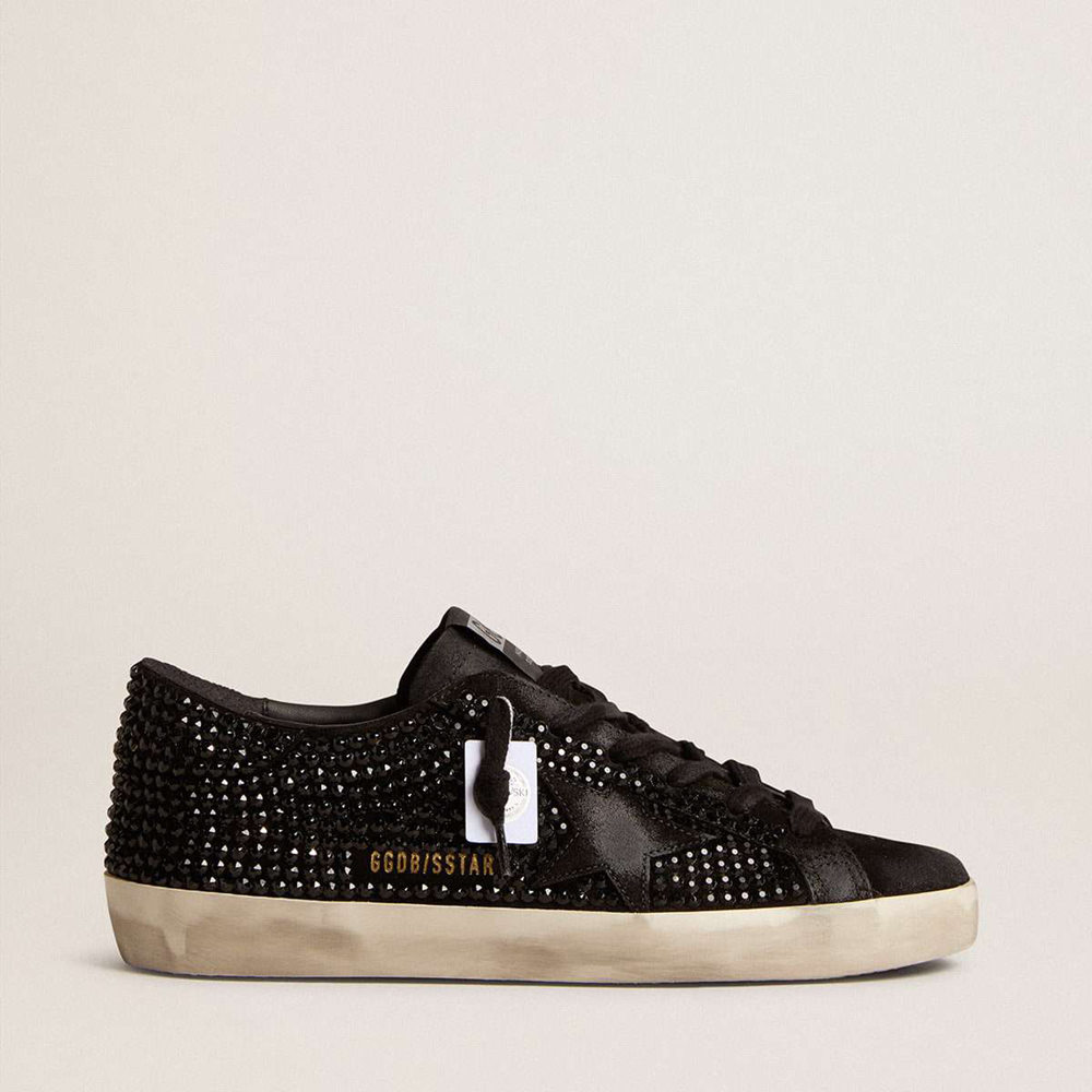 Golden Goose Super-Star Sneakers In Black Suede With Swarovski Crystals And Black Suede Star