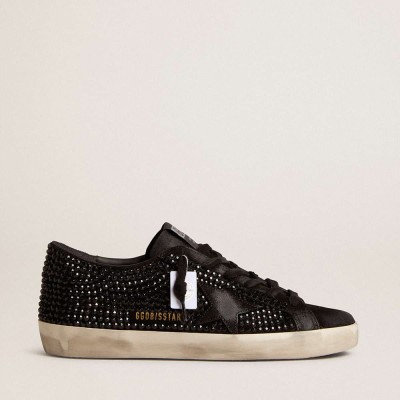 Golden Goose Super-Star Sneakers In Black Suede With Swarovski Crystals And Black Suede Star