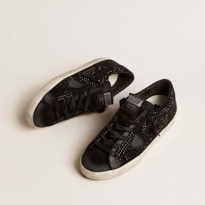 Golden Goose Super-Star Sneakers In Black Suede With Swarovski Crystals And Black Suede Star