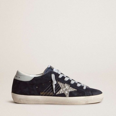 Golden Goose Super-Star Sneakers In Blue Suede, Silver Glitter Star And Leather Heel Tab