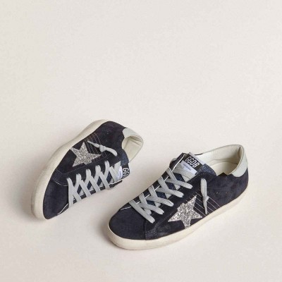 Golden Goose Super-Star Sneakers In Blue Suede, Silver Glitter Star And Leather Heel Tab