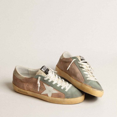 Golden Goose Super-Star Sneakers In Brown And Green Suede With White Nappa Leather Star