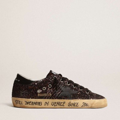 Golden Goose Super-Star Sneakers In Brown Glitter With Black Leather Star And Heel Tab