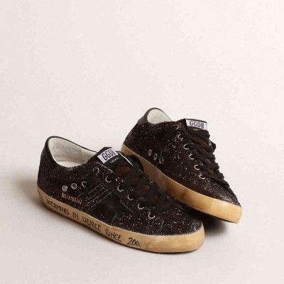 Golden Goose Super-Star Sneakers In Brown Glitter With Black Leather Star And Heel Tab