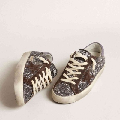 Golden Goose Super-Star Sneakers In Glitter With A Brown Star And Lilac Heel Tab