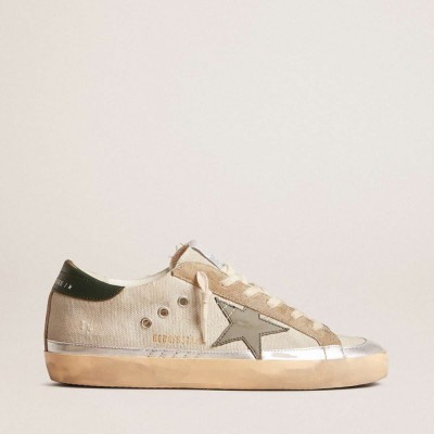 Golden Goose Super-Star Sneakers In Gray Canvas With A Green Leather Star And Heel Tab