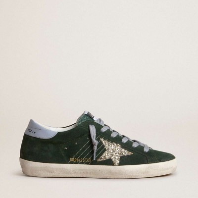 Golden Goose Super-Star Sneakers In Green Suede, Silver Glitter Star And Leather Heel Tab