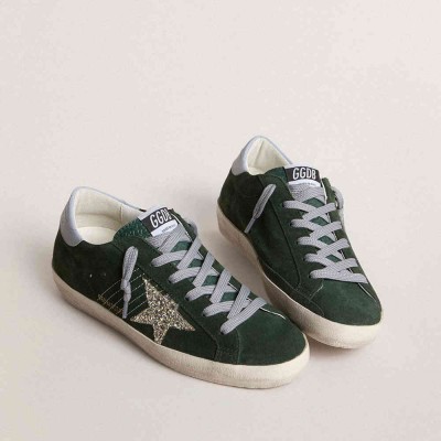 Golden Goose Super-Star Sneakers In Green Suede, Silver Glitter Star And Leather Heel Tab