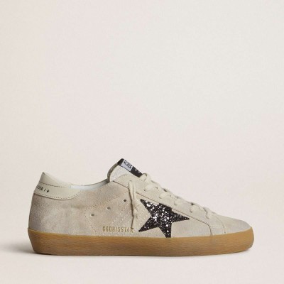 Golden Goose Super-Star Sneakers In Ice-gray Suede With Silver Glitter Star And Leather Heel Tab