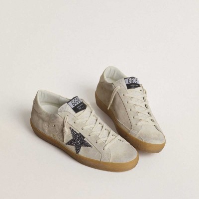 Golden Goose Super-Star Sneakers In Ice-gray Suede With Silver Glitter Star And Leather Heel Tab