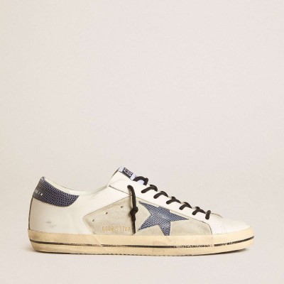 Golden Goose Super-Star Sneakers In Leather And Suede With Blue Lizard-print Leather Star