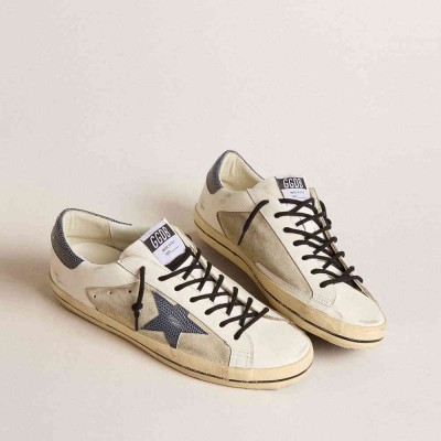 Golden Goose Super-Star Sneakers In Leather And Suede With Blue Lizard-print Leather Star