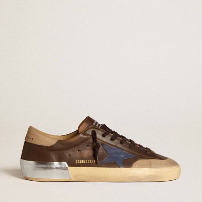 Golden Goose Super-Star Sneakers In Leather With Blue Leather Star And Beige Nubuck Heel Tab