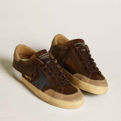 Golden Goose Super-Star Sneakers In Leather With Blue Leather Star And Beige Nubuck Heel Tab
