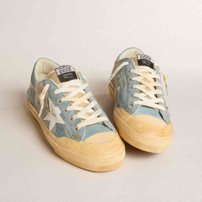 Golden Goose Super-Star Sneakers In Light Blue Mesh And Nylon With White Leather Star