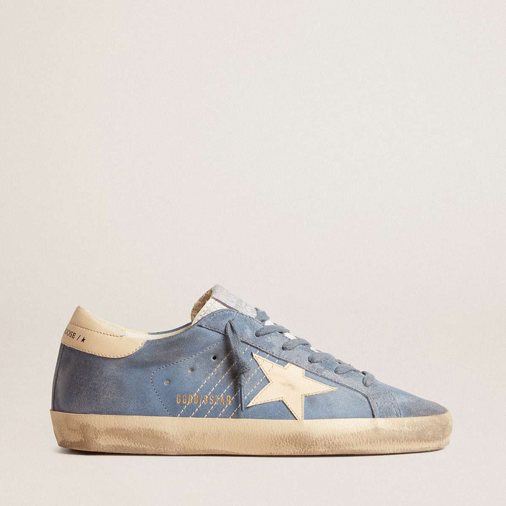 Golden Goose Super-Star Sneakers In Light Blue Suede With Beige Leather Star And Heel Tab