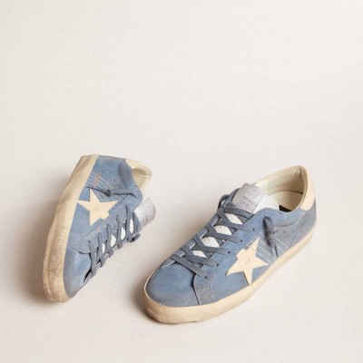 Golden Goose Super-Star Sneakers In Light Blue Suede With Beige Leather Star And Heel Tab