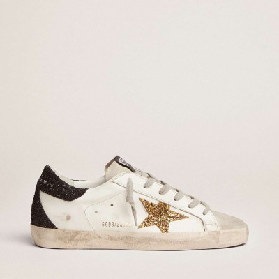 Golden Goose Super-Star Sneakers In Nappa Leather With Gold Glitter Star And Black Glitter Heel Tab