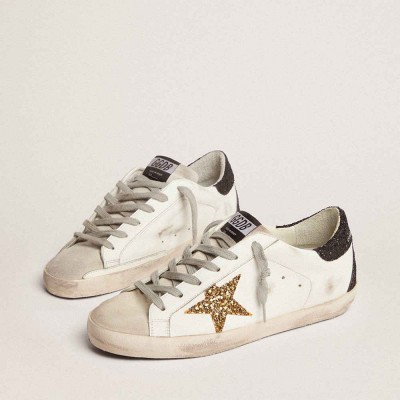 Golden Goose Super-Star Sneakers In Nappa Leather With Gold Glitter Star And Black Glitter Heel Tab