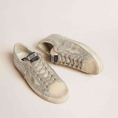 Golden Goose Super-Star Sneakers In Nubuck With Swarovski Crystals And Ice-gray Suede Star
