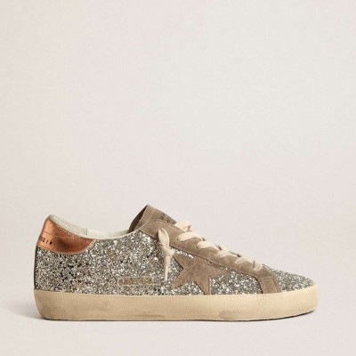 Golden Goose Super-Star Sneakers In Platinum Glitter With Dove-gray Suede Star