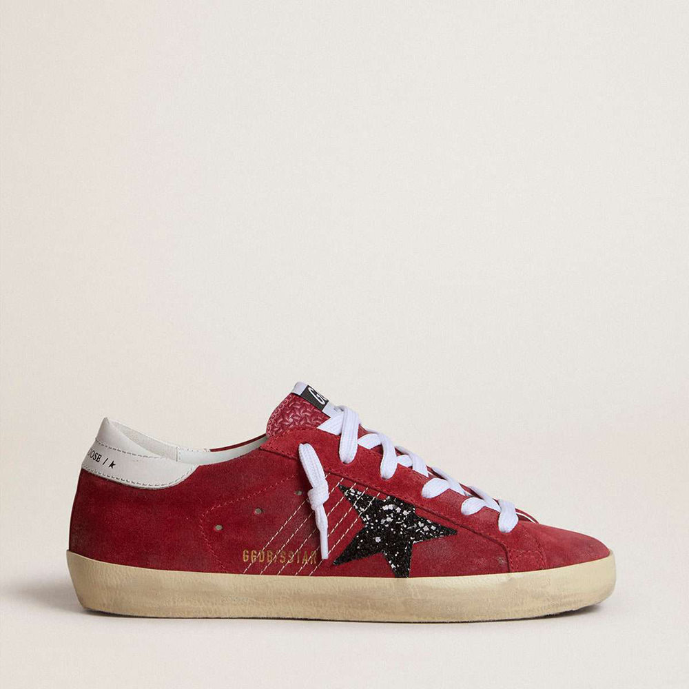 Golden Goose Super-Star Sneakers In Red Suede With Glitter Star And White Heel Tab