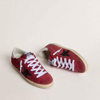 Golden Goose Super-Star Sneakers In Red Suede With Glitter Star And White Heel Tab