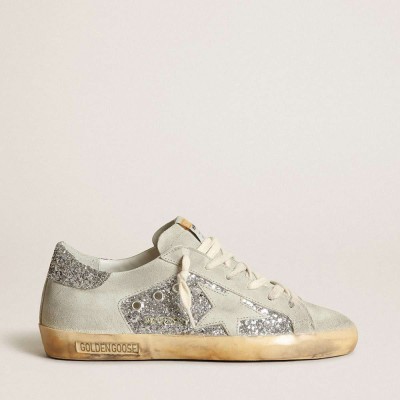 Golden Goose Super-Star Sneakers In Silver Glitter With Ice-gray Star And Inserts