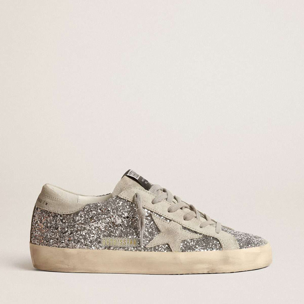 Golden Goose Super-Star Sneakers In Silver Glitter With Ice-gray Suede Star