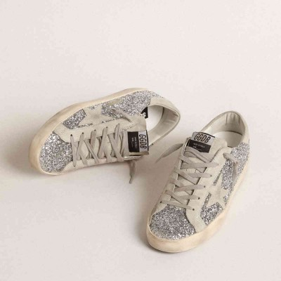 Golden Goose Super-Star Sneakers In Silver Glitter With Ice-gray Suede Star