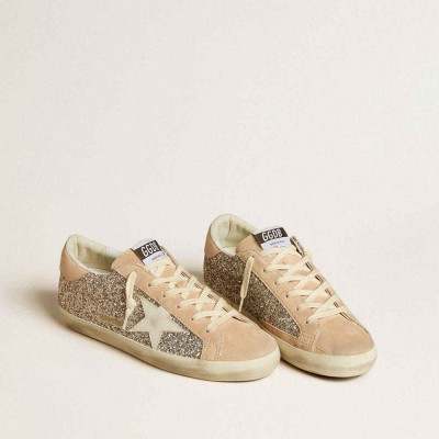 Golden Goose Super-Star Sneakers In Silver Glitter With Leather Star And Heel Tab