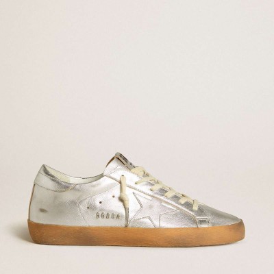 Golden Goose Super-Star Sneakers In Silver Metallic Leather With Leather Star And Heel Tab